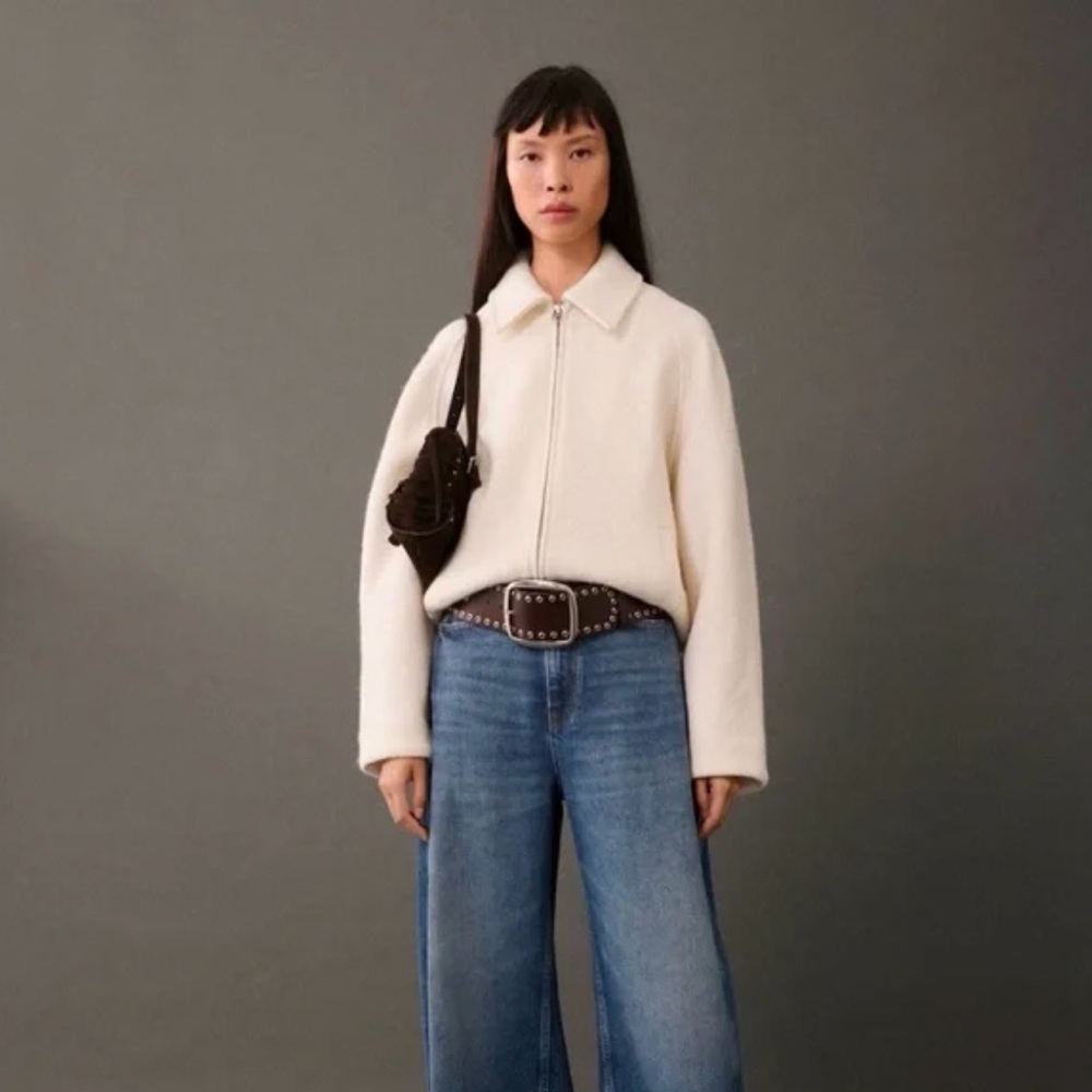 Mango Ivory Wool Zip-Up Jacket